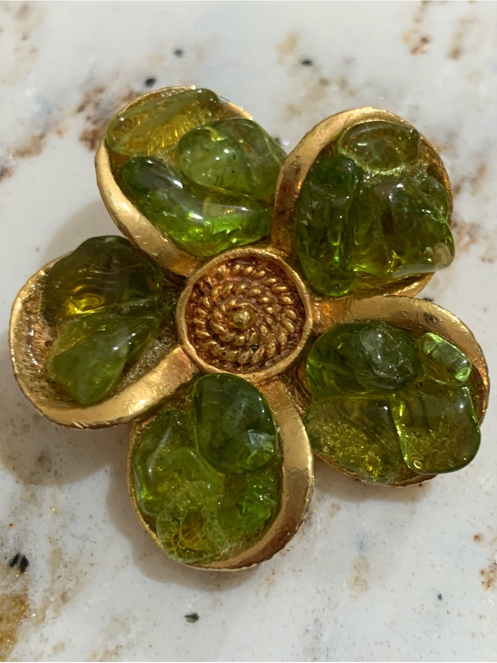 Vintage Gold Tone 5 Petal Flower Brooch Olive Green Art Glass Pin Mid Century